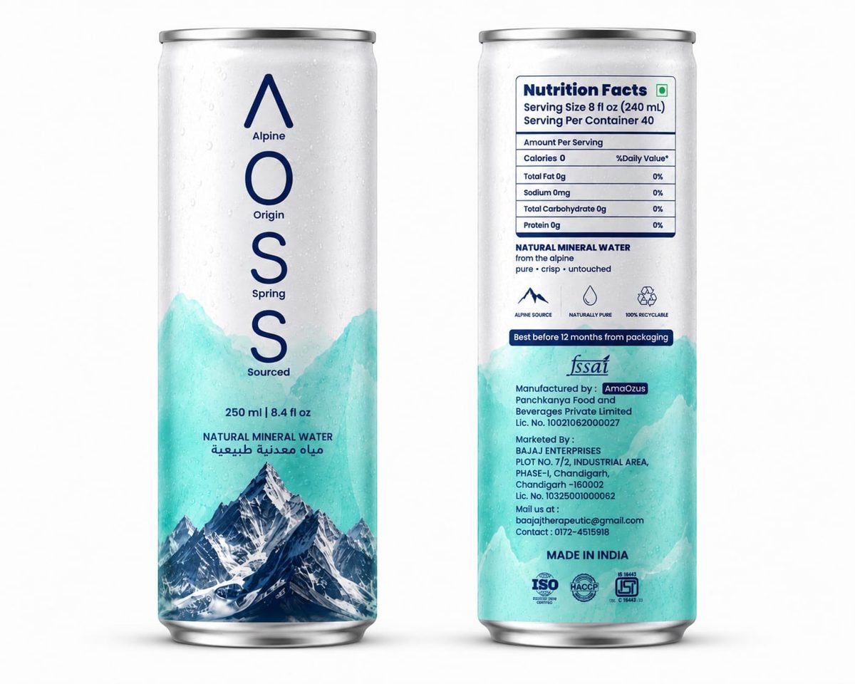 Front and back of the AOSS 250 ml can, in white and glacier teal with a mountain illustration