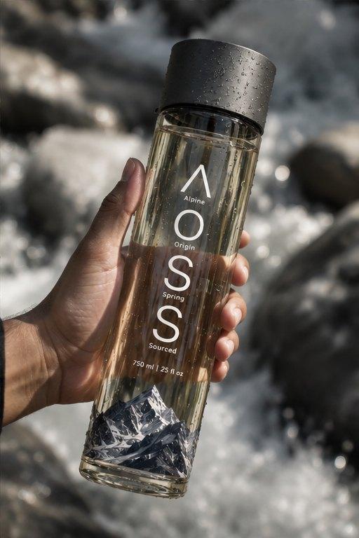 A hand holding an AOSS bottle over a mountain stream, the label reading Alpine, Origin, Spring, Sourced