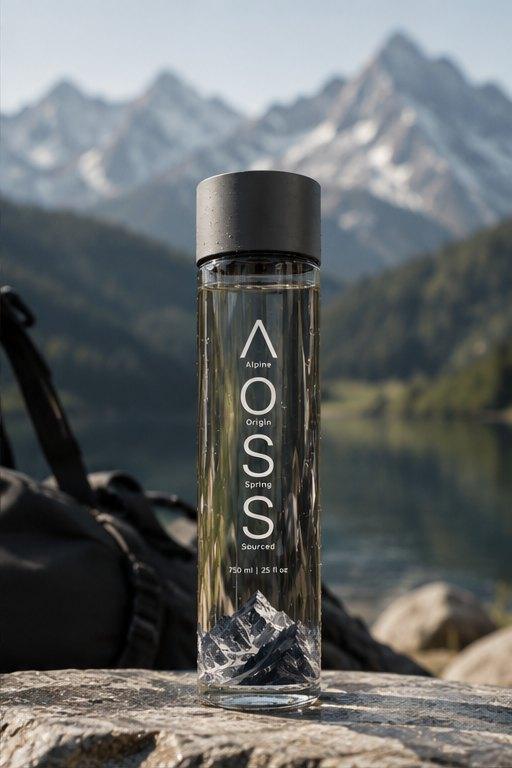 An AOSS glass bottle on a rock beside a mountain lake, a backpack behind